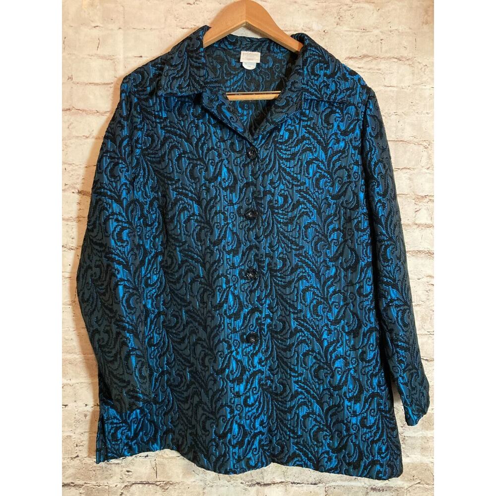 Studio C Jacket Womens 16W Dark Turquoise Jacquard Shiny Tapestry Button Front